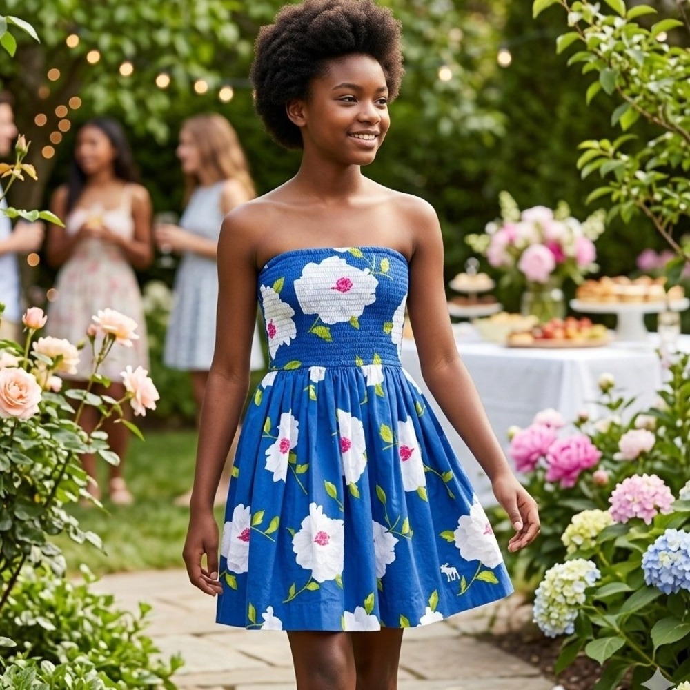 Abercrombie & Fitch Strapless Dress Girls‎ 14 Blue Floral Cotton Smocked Mini